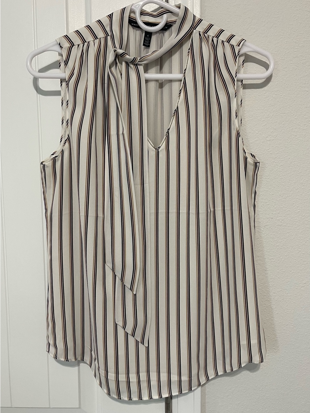 White House Black Market Sleeveless Tie-Neck Stripe Blouse
